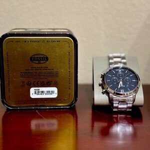 Fossil Silver and Black Chronograph Watch with Stainless Steel Band